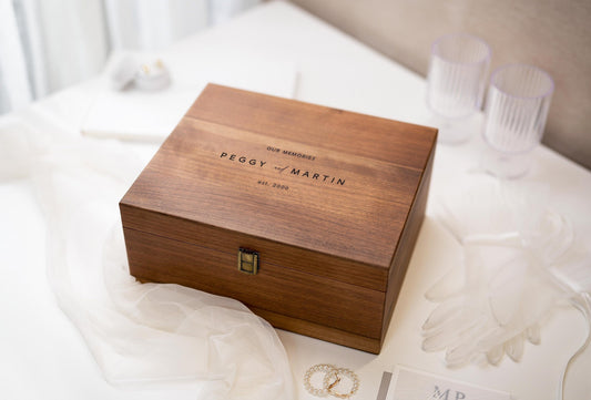 Wood Storage Box w/ Hinge Lid (D10) - Engraved Wedding Keepsake Memory Box Wedding Photos Cards, Engagement Gift, Anniversary Gift Couples
