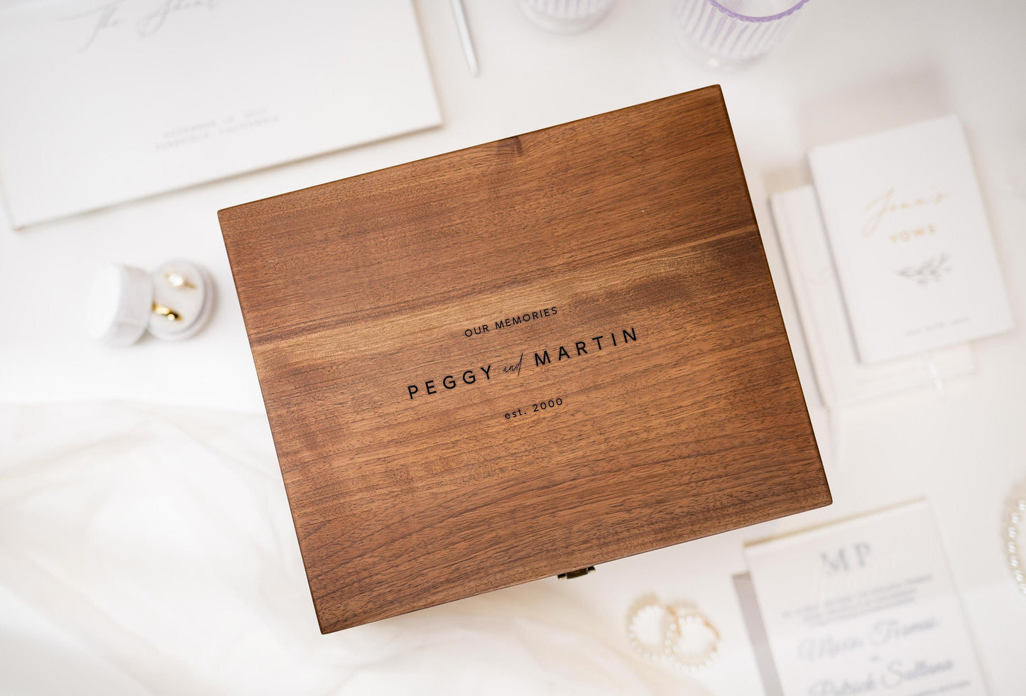 Wood Storage Box w/ Hinge Lid (D10) - Engraved Wedding Keepsake Memory Box Wedding Photos Cards, Engagement Gift, Anniversary Gift Couples