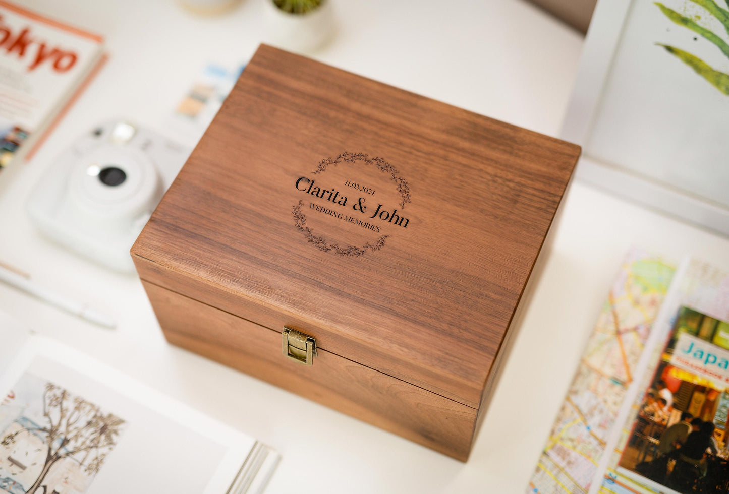 Wood Storage Box w/ Hinge Lid (D3) - - Engraved Wedding Keepsake Memory Box Wedding Photos Cards, Engagement Gift, Anniversary Gift Couples