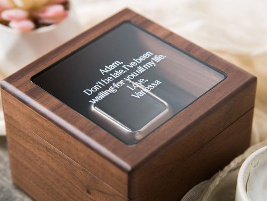 Watch Box w/ Glass Top & Pillow (Watch NOT Included) - Custom Walnut Wood Box, Wedding Day Gift Father of the Bride Groom Husband from Bride