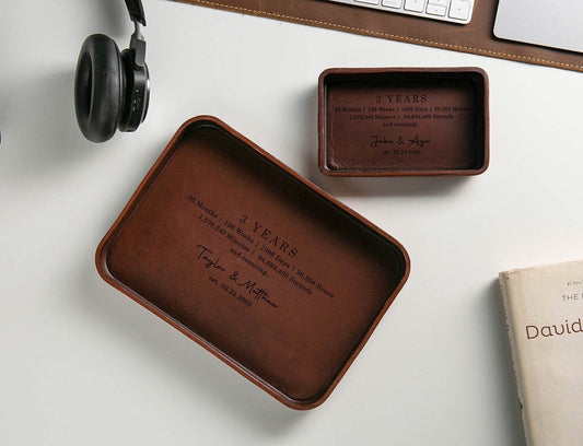Vegetable Tanned Hard Leather Valet (Design 4) - Custom Engraved Tray, Personalized Honeymoon Gift, 3 Year Anniversary Boyfriend Husband