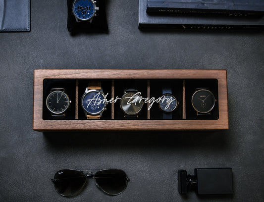 Wide Wood Watch Box (Design 4) - Custom Mens 5 Slot Watch Collection Keepsake Storage Case Personalized Gift for Dad Son Husband Boyfriend
