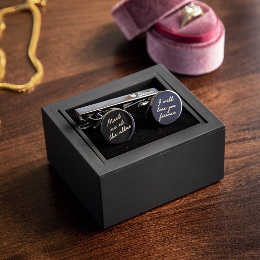 Metal Cufflinks, Tie Clip & Black Gift Box - Wedding Day Cuff links, Gift for Dad Father of Bride Groom Groomsmen, Custom Anniversary Gift