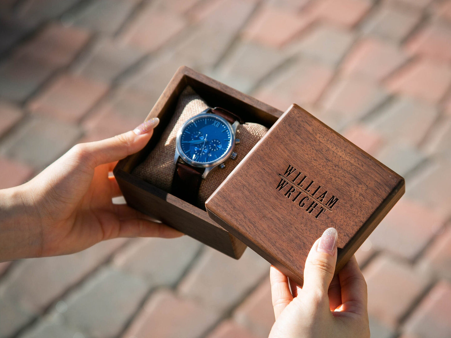 Metal Watch & Walnut Gift Box - Mens Watch, 5th Anniversary or Honeymoon Gift Husband, Wedding Day for Father of Bride Groom Dad Son Brother