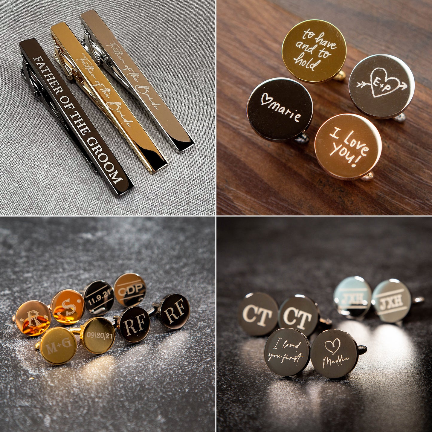 Metal Cufflinks, Tie Clip & Black Gift Box - Wedding Day Cuff links, Gift for Dad Father of Bride Groom Groomsmen, Custom Anniversary Gift
