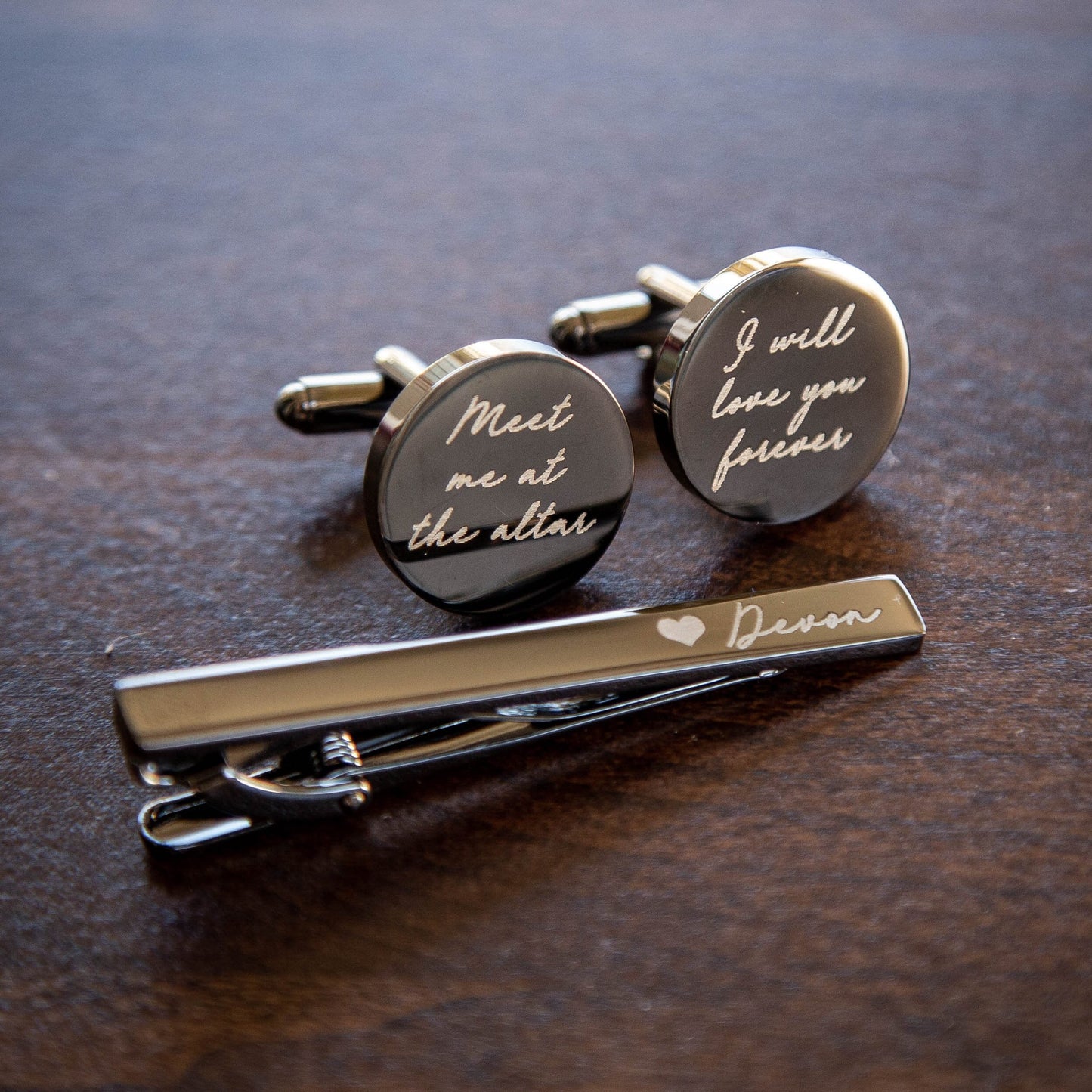 Metal Cufflinks, Tie Clip & Black Gift Box - Wedding Day Cuff links, Gift for Dad Father of Bride Groom Groomsmen, Custom Anniversary Gift