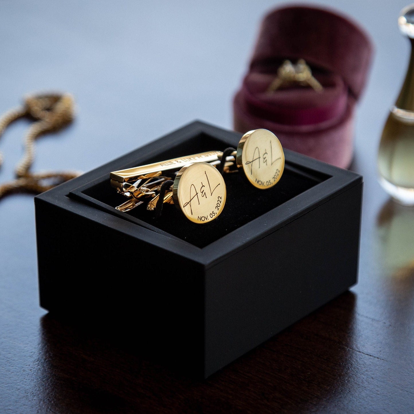 Metal Cufflinks, Tie Clip & Black Gift Box - Wedding Day Cuff links, Gift for Dad Father of Bride Groom Groomsmen, Custom Anniversary Gift