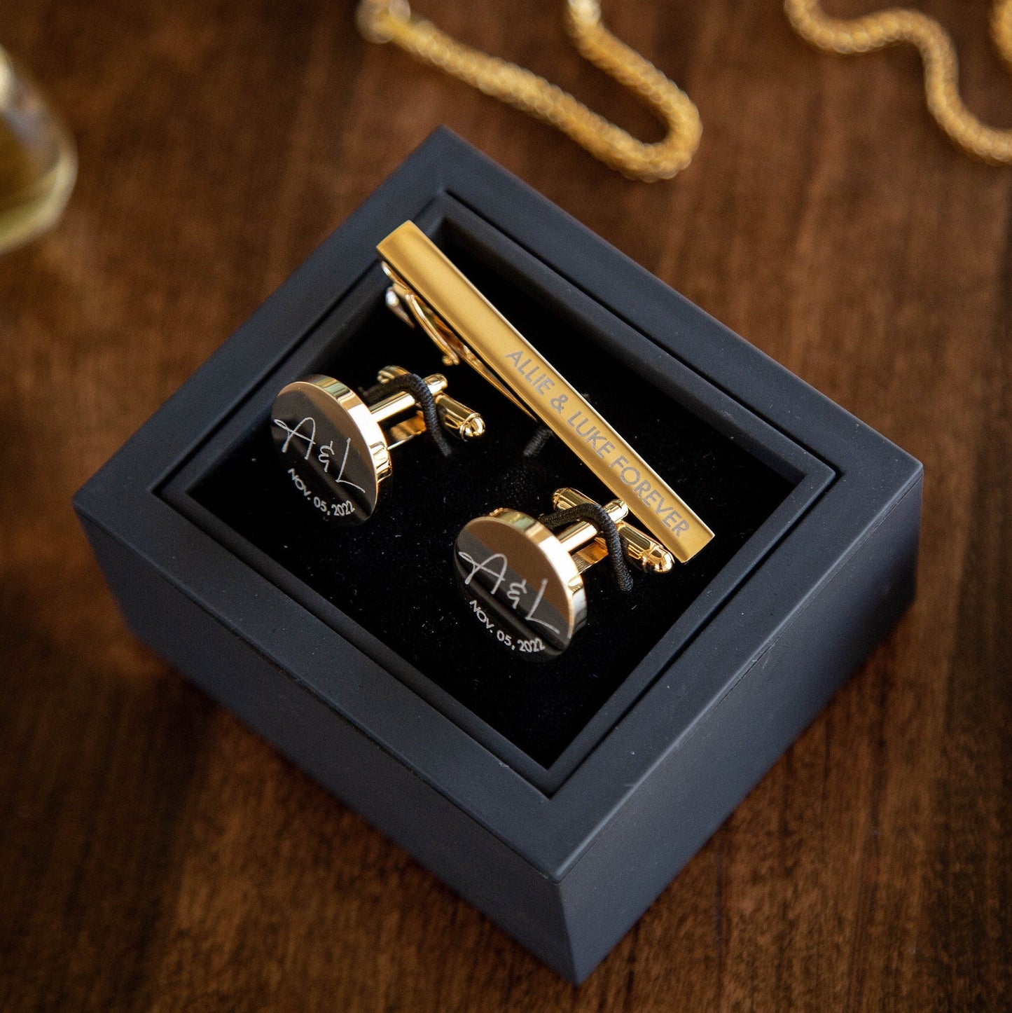 Metal Cufflinks, Tie Clip & Black Gift Box - Wedding Day Cuff links, Gift for Dad Father of Bride Groom Groomsmen, Custom Anniversary Gift