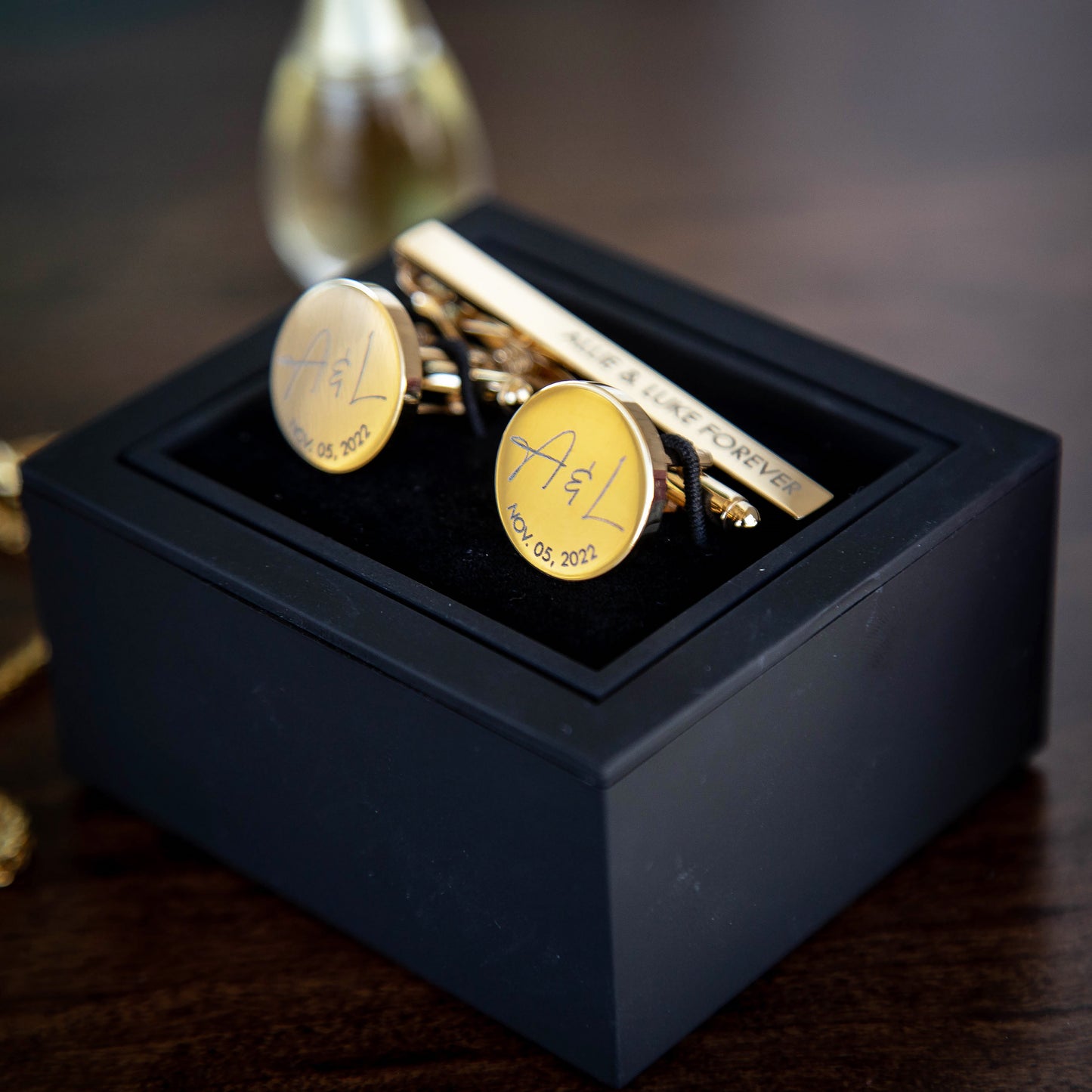 Metal Cufflinks, Tie Clip & Black Gift Box - Wedding Day Cuff links, Gift for Dad Father of Bride Groom Groomsmen, Custom Anniversary Gift