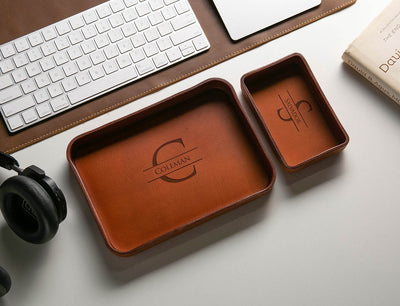 Vegetable Tanned Hard Leather Valet (Design 1) - 3 Year Anniversary Gift for Him Husband Fiancé, Catchall Storage for Desk Dad, Dump Tray