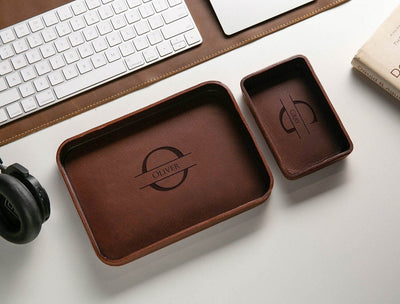 Vegetable Tanned Hard Leather Valet (Design 1) - 3 Year Anniversary Gift for Him Husband Fiancé, Catchall Storage for Desk Dad, Dump Tray
