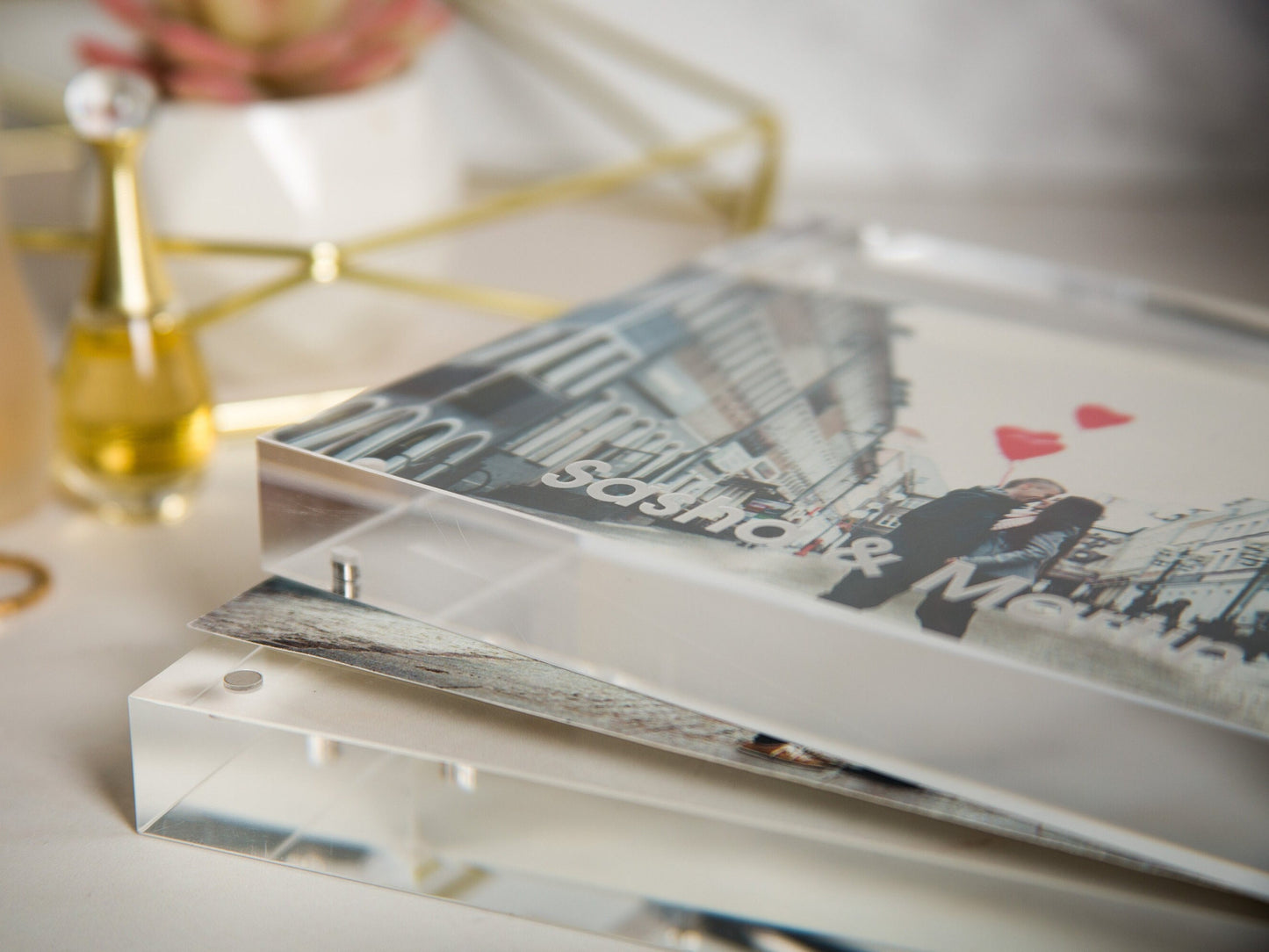 Engraved Acrylic Photo Block - New Home Office Business Modern Picture Frame, Anniversary Gift for Husband Wife First Birthday Baby Photo