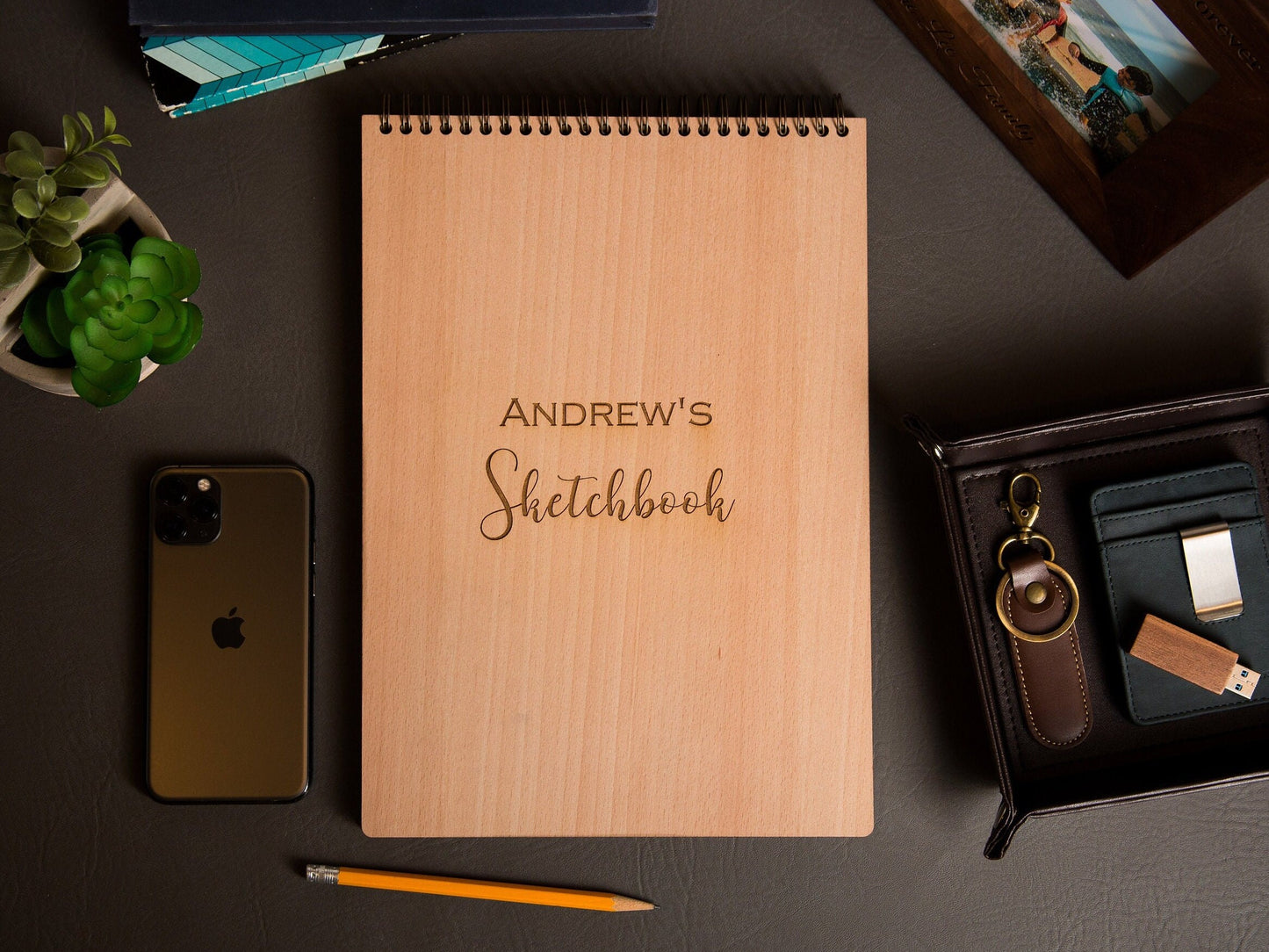 Engraved Sketchbook - Wooden Drawing Notepad Artist Sketch Pad Spiral for Student, Birthday Teacher Back to School Gift for Creatives