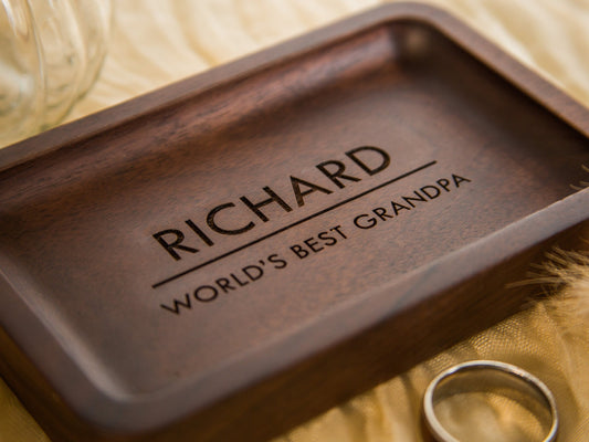 Rectangle Wood Tray - Engraved Dish for Rings Coins Keys, Entry Bedside Table Tray Personal Gift for Him Grandpa Grand Parents, Dorm Decor