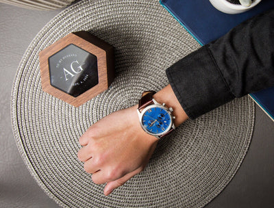 Metal Watch & Hexagon Watch Box w/ Glass Top (Set) - Mens Watch, Wedding Day Groom Gifts, Birthday Present for Men Husband Brother Boyfriend