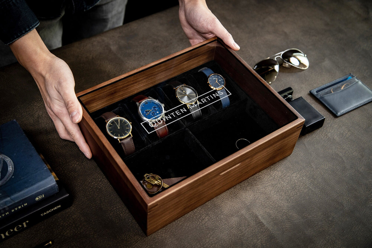 8x10 Wood Watch Box with Glass Lid (Design 7) - Premium Gift for Watch Enthusiasts Lovers, Display Valet Multifunctional Wood Watch Storage