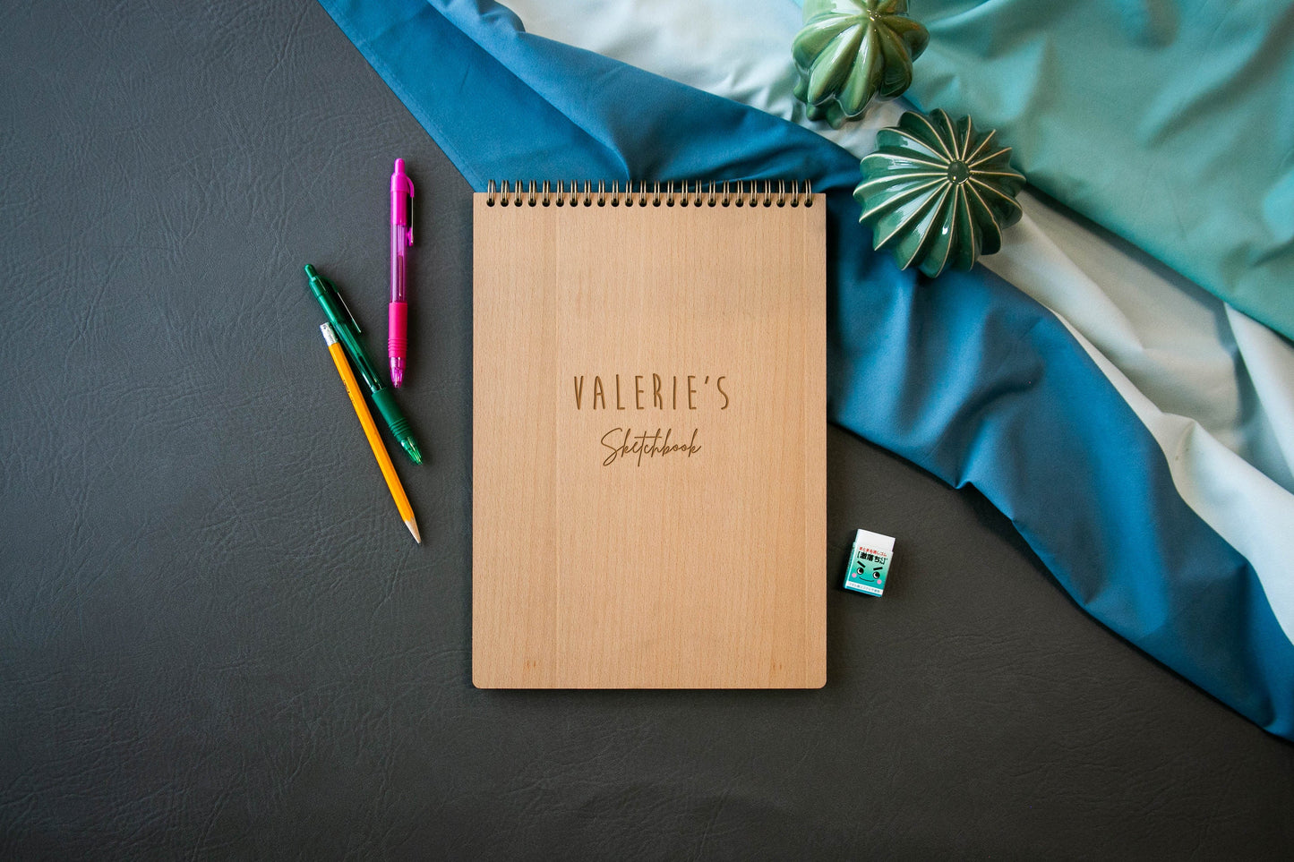 Engraved Spiral Wood Notebook (Design K) - Wooden Drawing Notepad, Artist Sketch Pad Spiral for Student, Back to School Gift for Creatives