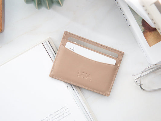 Embossed Leather Card Holder - Custom Monogram Name Initials Slim Money ID Wallet, 3rd Anniversary, College Gift, Teacher Appreciation