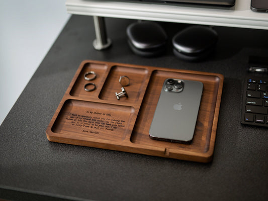 Rectangle Organizer Catchall D1 - 8.5x11.5" Large Wood Engraved Tray, Home Work Office Table Charger Station, Custom Gift for Husband Dad