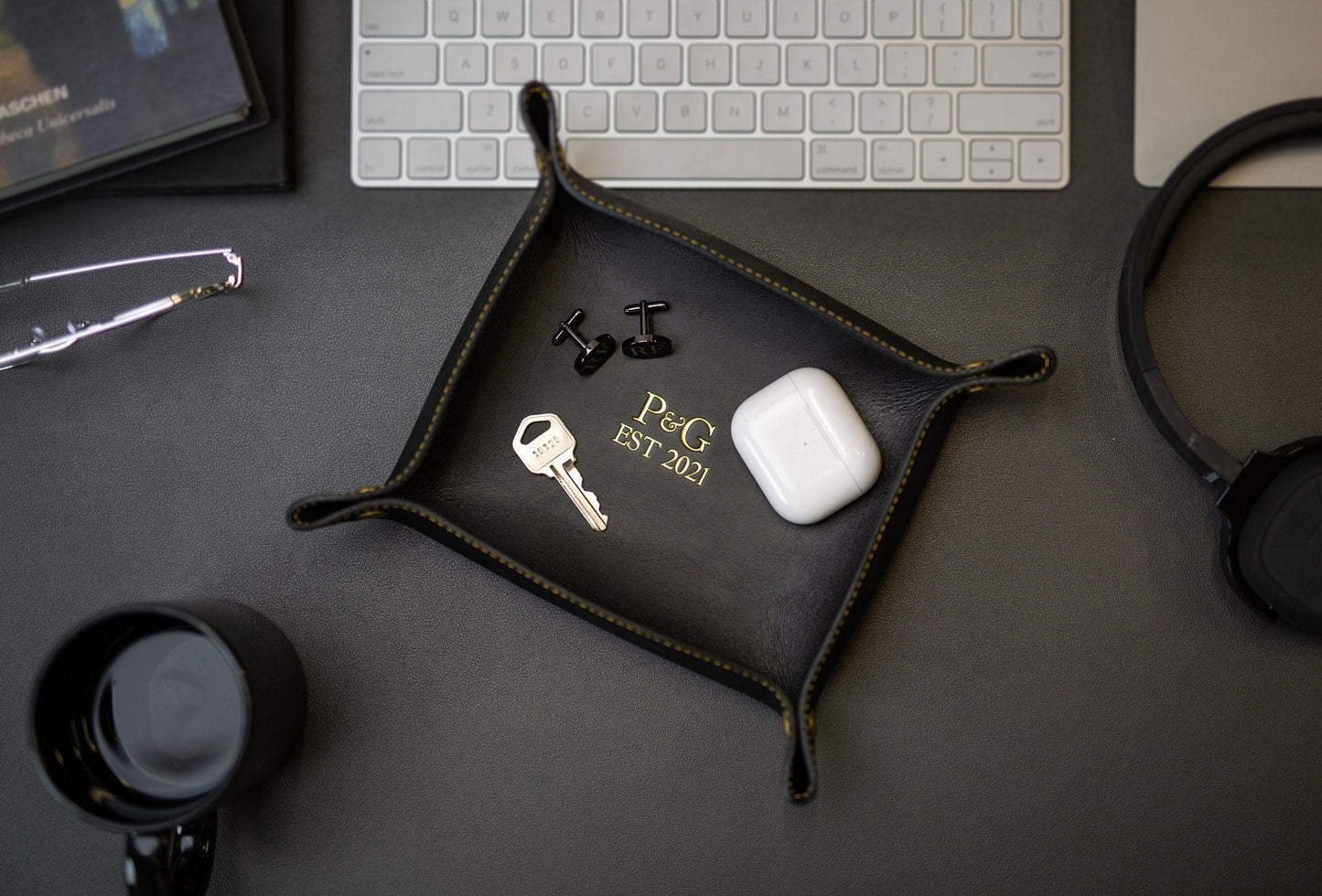 Embossed Snap Leather Valet - Monogram Tray, Personalized 3rd Anniversary Birthday Gift for Husband Boyfriend Couple, Wedding Engagement
