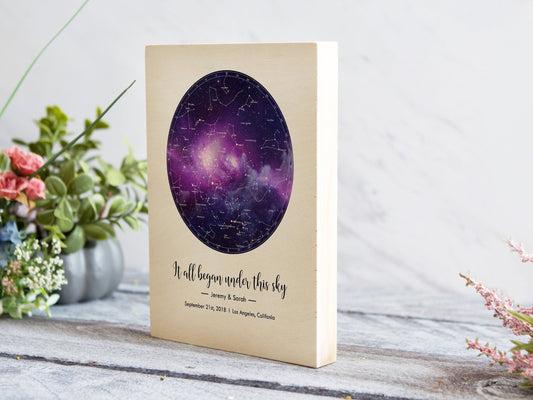 Star Map Print on Wood - 5th Wedding Anniversary Gift for Husband Wife Couple, Our First Date, Romantic Engagement Proposal Keepsake
