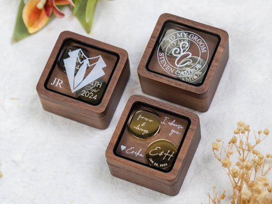 Metal Cufflinks & Square Box w Glass Lid (Set) - Wedding Day Cuff links Gift Groom Husband Dad Father of Bride, Groomsmen Best Man Favors