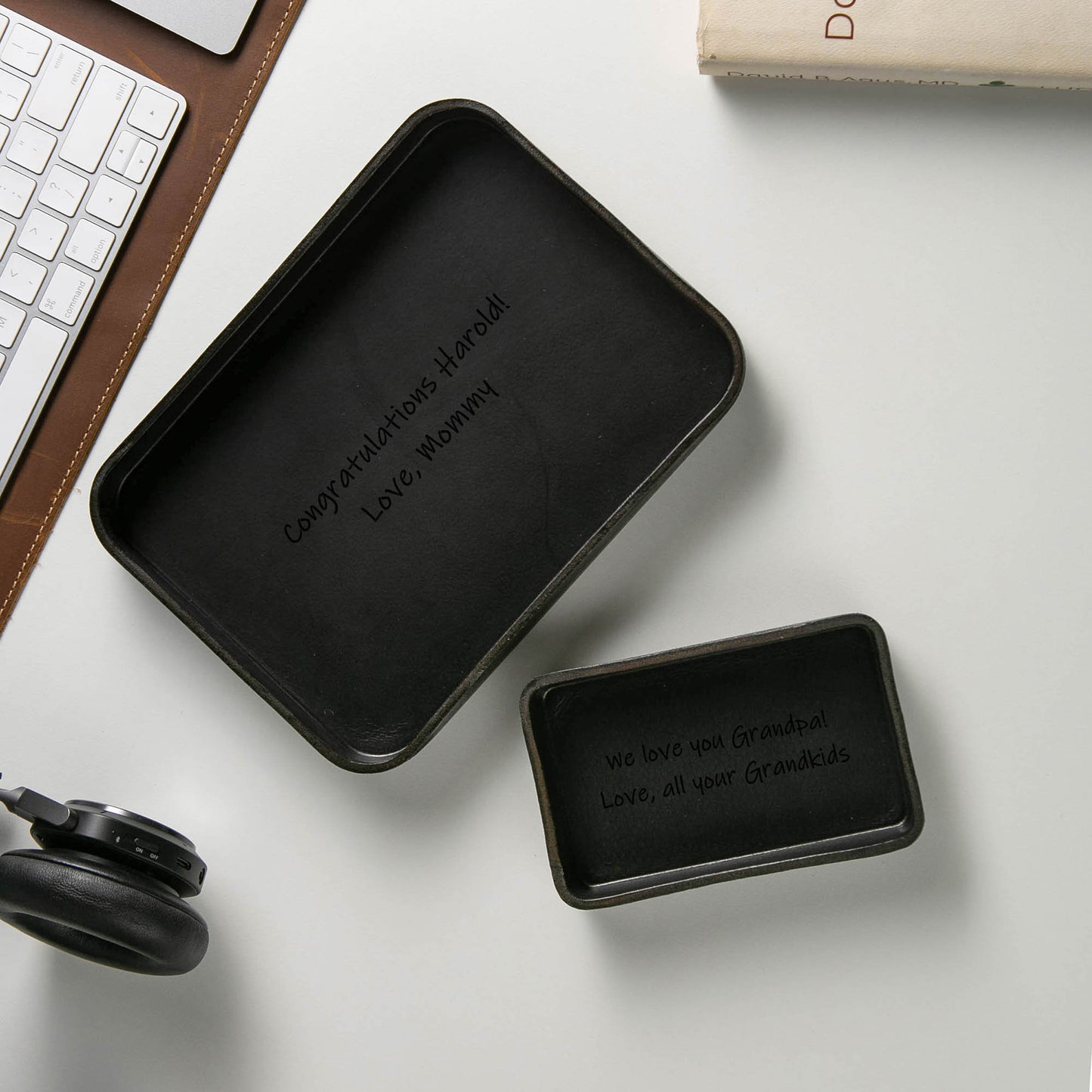 Vegetable Tanned Hard Leather Valet (Design 3) - Message Engraving Catchall Tray for Dad Husband Boyfriend Mom Gift, Teacher Back to School