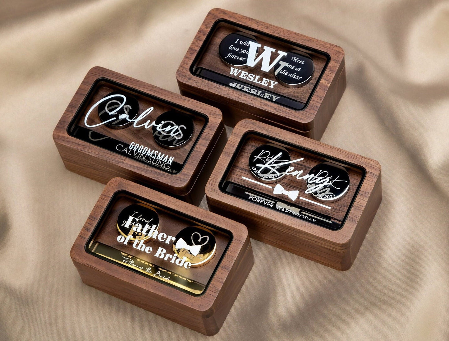 Metal Cufflinks, Tie Clip & Rec Gift Box w Glass Lid - Wedding Day Cuff links Groom Fiancé, Customized Anniversary Teacher Appreciation Gift
