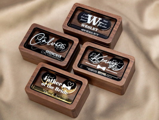Metal Cufflinks, Tie Clip & Rec Gift Box w Glass Lid - Wedding Day Cuff links Groom Fiancé, Customized Anniversary Teacher Appreciation Gift