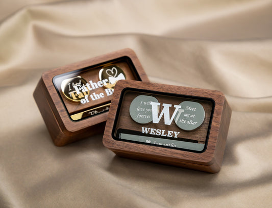 Metal Cufflinks, Tie Clip & Rec Gift Box w Glass Lid - Wedding Day Cuff links Gift for Groom Fiancé Husband, Groomsmen Best Man Favors