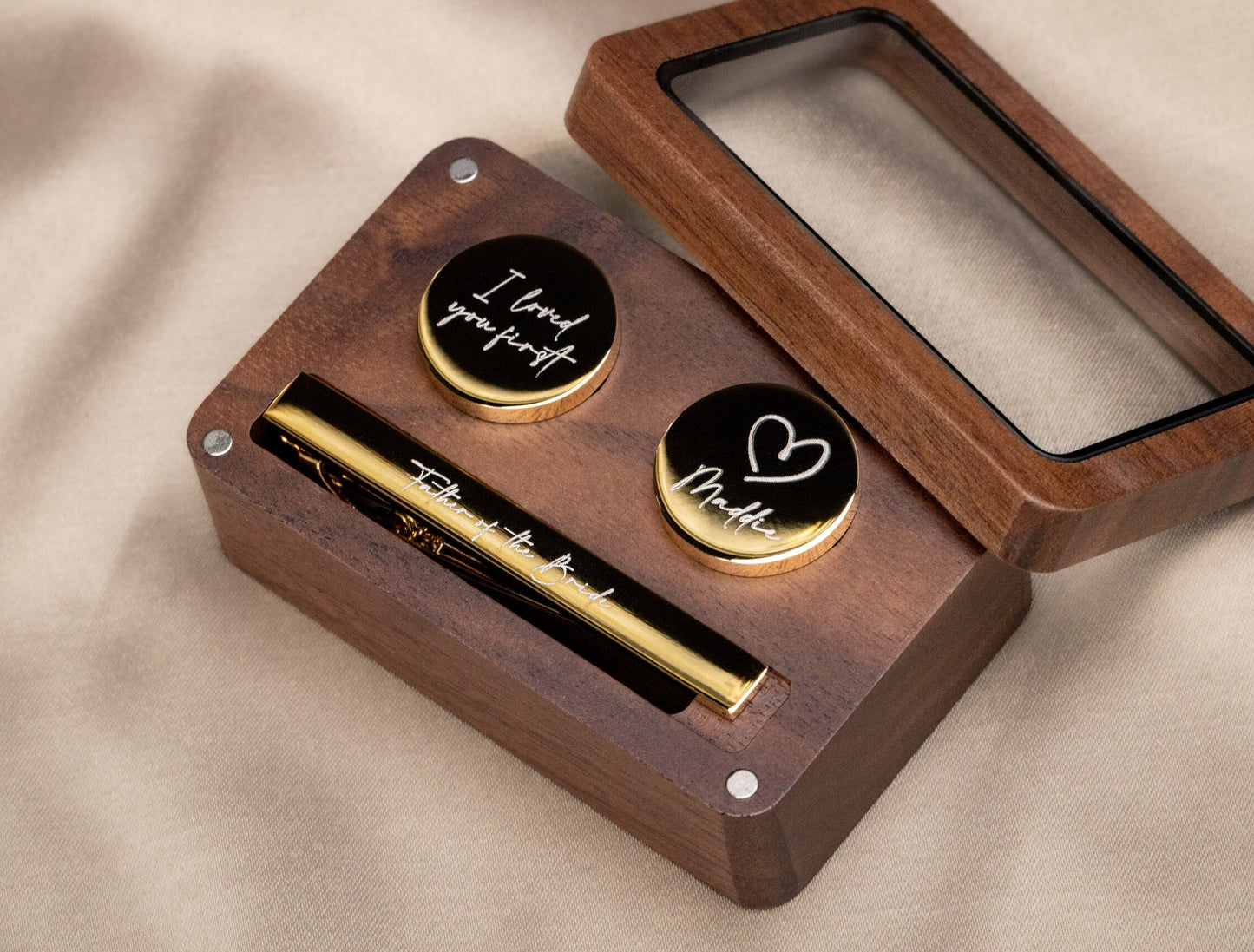 Metal Cufflinks, Tie Clip & Rec Gift Box w Glass Lid - Wedding Day Cuff links Groom Fiancé, Customized Anniversary Teacher Appreciation Gift