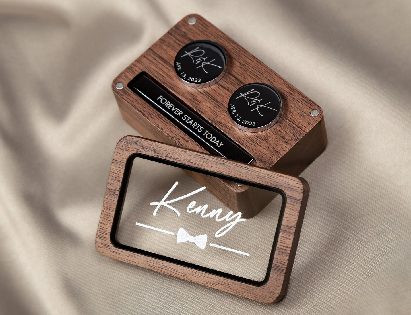 Metal Cufflinks, Tie Clip & Rec Gift Box w Glass Lid - Wedding Day Cuff links Groom Fiancé, Customized Anniversary Teacher Appreciation Gift