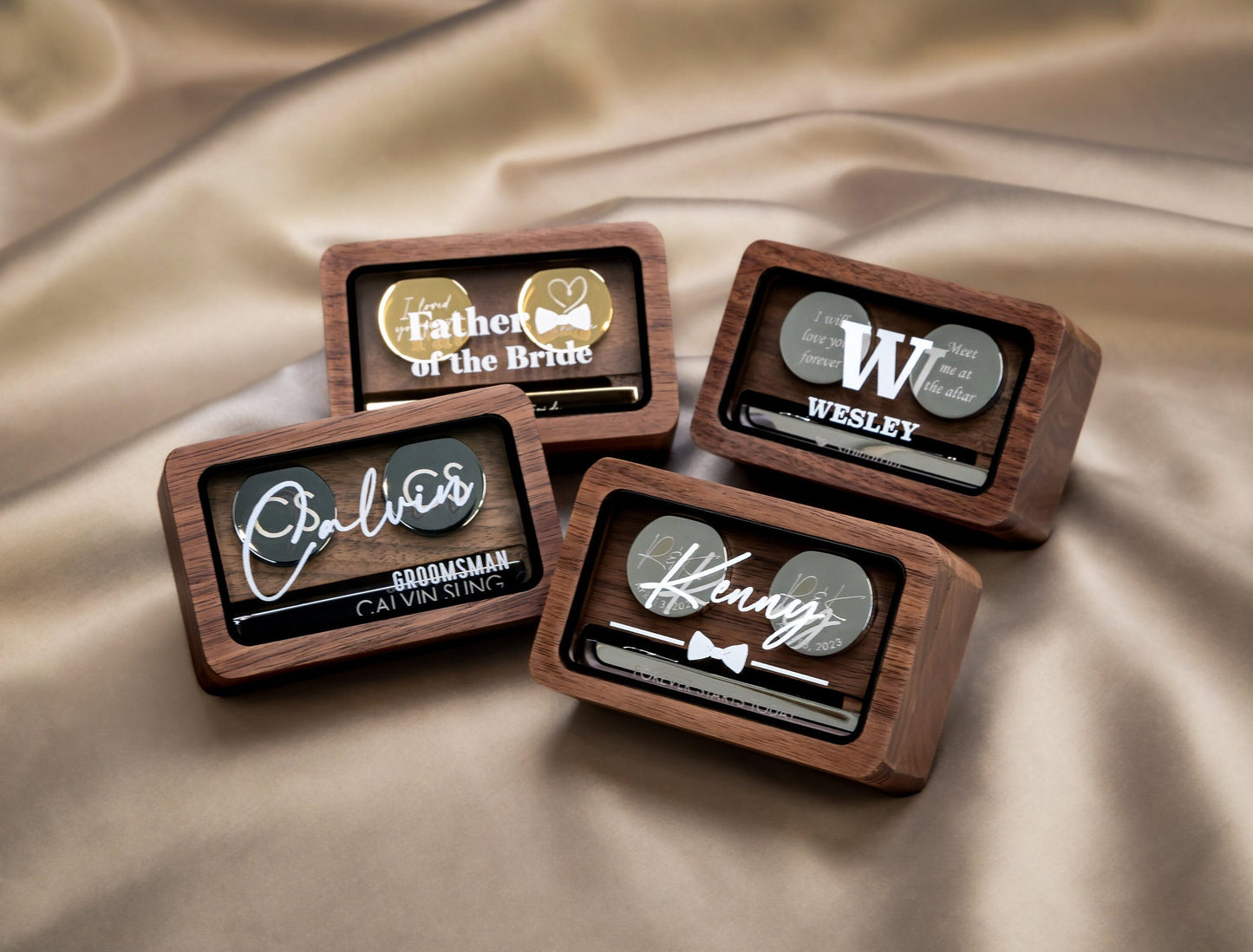 Metal Cufflinks, Tie Clip & Rec Gift Box w Glass Lid - Wedding Day Cuff links Groom Fiancé, Customized Anniversary Teacher Appreciation Gift