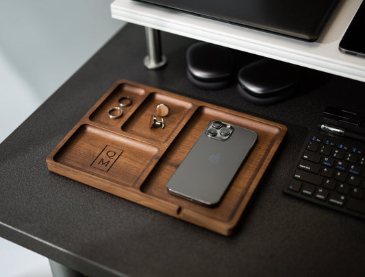 Rectangle Organizer Catchall D2 - 8.5x11.5" Large Wood Engraved Tray, Home Work Office Table Charger Station, Honeymoon Gift for Husband