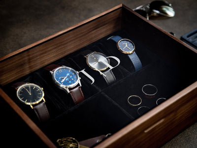 8x10 Wood Watch Box with Glass Lid (Design 1) - Simple Modern Multifunctional Jewelry Box for Men, Wedding Party Gift for Groom Husband Son
