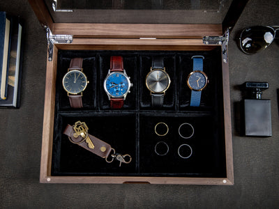 8x10 Wood Watch Box with Glass Lid (Design 1) - Simple Modern Multifunctional Jewelry Box for Men, Wedding Party Gift for Groom Husband Son