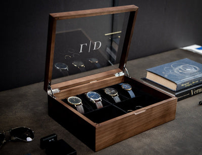 8x10 Wood Watch Box with Glass Lid (Design 1) - Simple Modern Multifunctional Jewelry Box for Men, Wedding Party Gift for Groom Husband Son