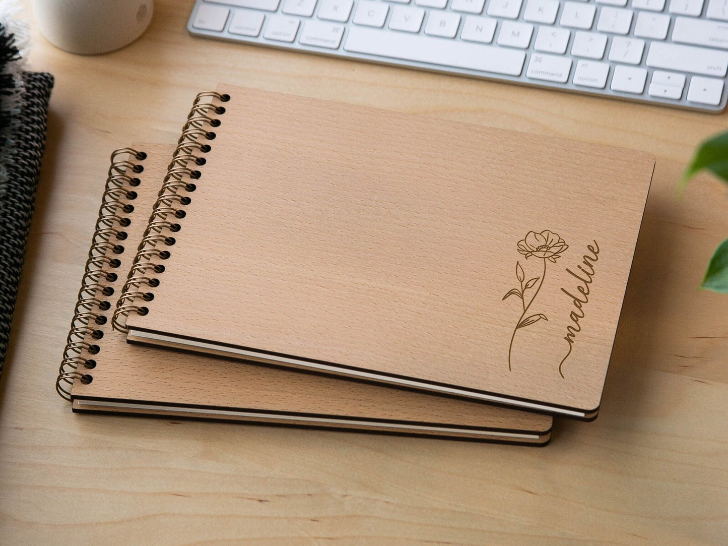 Engraved Spiral Wood Notebook (Design F) - Wooden Drawing Notepad with Floral Design, Graphic Artist Designer Sketch Pad Spiral Student Gift