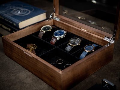 8x10 Wood Watch Box with Glass Lid (Design 1) - Simple Modern Multifunctional Jewelry Box for Men, Wedding Party Gift for Groom Husband Son