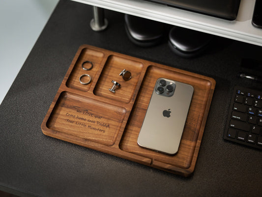 Rectangle Organizer Catchall D3 - 8.5x11.5" Large Wood Engraved Tray, Home Work Office Table Charging Station, Unique Gift for Husband Dad