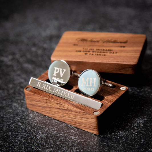 Metal Cufflinks, Tie Clip & Rectangle Gift Box - Wedding Day Cuff links for Groom Dad Groomsmen Best Man, Anniversary or Thank You Gift