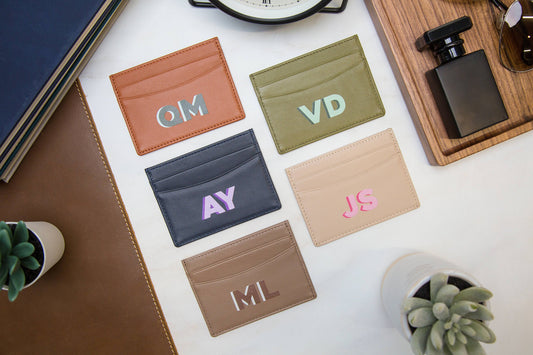 Personalized Leather Card Holder (Center) - Custom Monogram Name Initials Slim Money ID Wallet, Anniversary Wedding Travel Gifts for Him Her