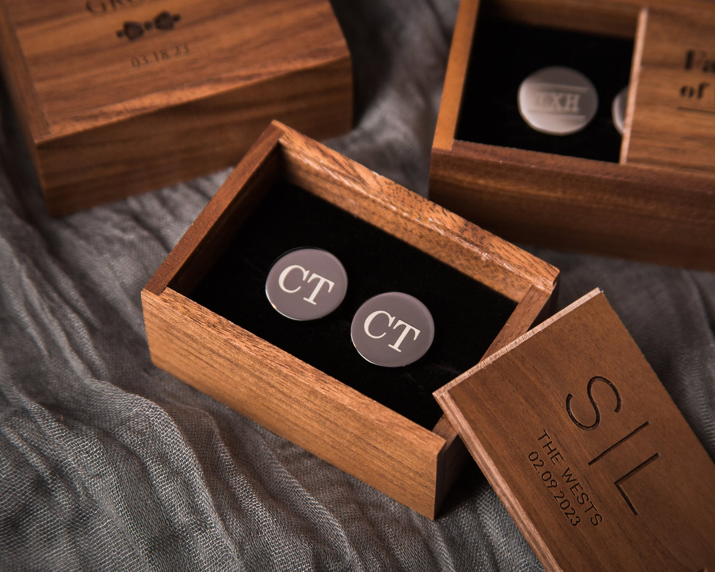 Metal Cufflinks & Tall Walnut Box SET - Custom Wedding Gift for Groomsmen Best Man Proposal, Gift for Husband Dad Father of the Bride Groom
