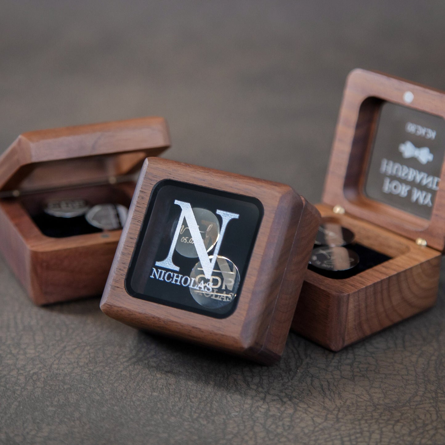 Cufflinks w/ Premium Cufflinks Box w/ Glass Lid - Custom Wooden Cufflinks Box, Personalized Wedding Day Gift For Groomsman Best Man Groom