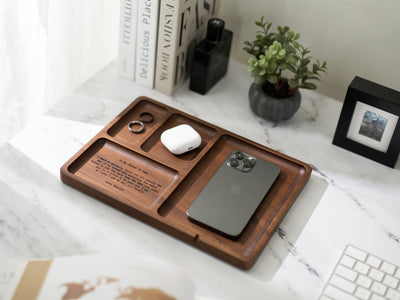 Rectangle Organizer Catchall D1 - 8.5x11.5" Large Wood Engraved Tray, Home Work Office Table Charger Station, Custom Message for Mom or Dad
