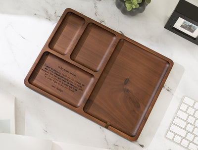 Rectangle Organizer Catchall D1 - 8.5x11.5" Large Wood Engraved Tray, Home Work Office Table Charger Station, Custom Message for Mom or Dad