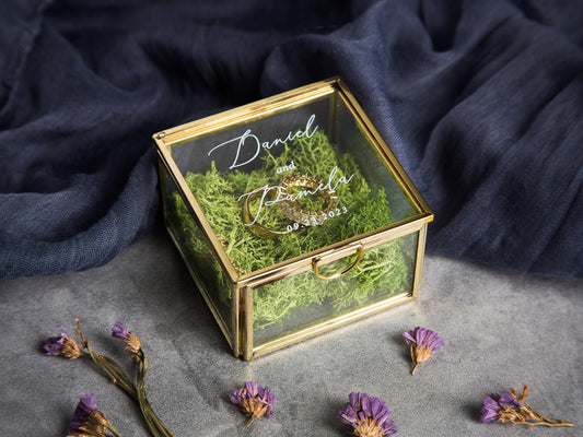 Square Gold Glass Ring Bearer Box with Moss - Personalized Ring Box for Wedding Ceremony, Modern Ring Holder for Engagements, Rustic Wedding