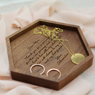Hexagon Wood Tray - Engraved Key or Ring Dish, Wedding Day Gift for Mom Mother of the Bride Groom MIL Women, Gift from kids, son or daughter