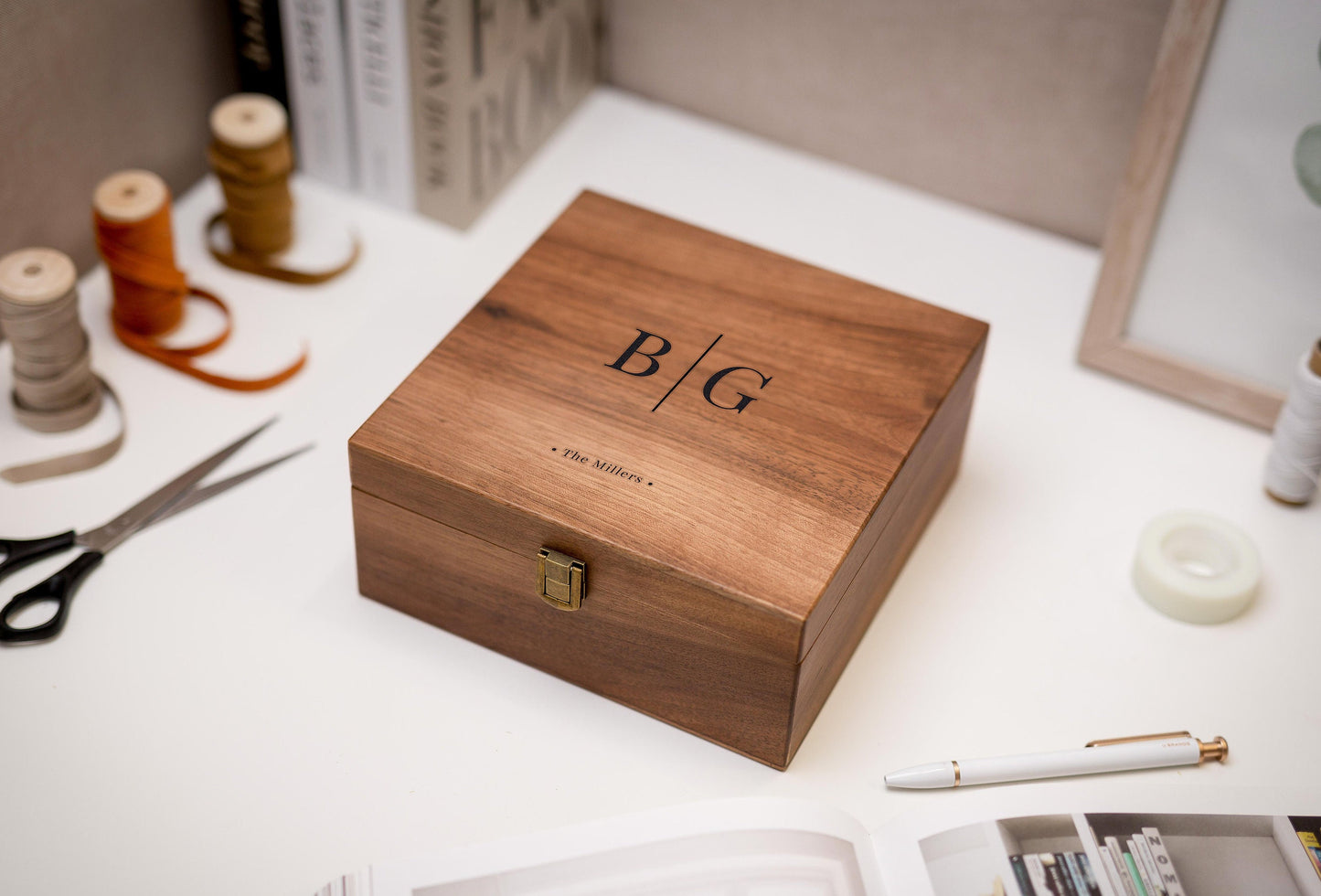 Wood Storage Box w/ Hinge Lid (D7) - Engraved Wedding Keepsake Memory Box Wedding Photos Cards, Engagement Gift, Anniversary Gift Couples