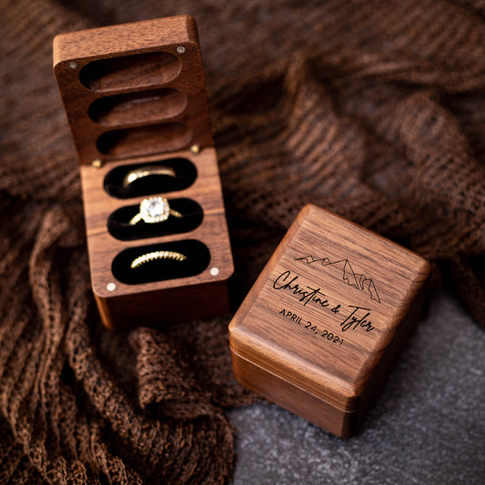 Triple Flip Wood Ring Box - Engraved Ring Box for 3 Rings, Wedding Ceremony Ring Bearer Box, Engagement Ring Storage, Unique Gift for Her